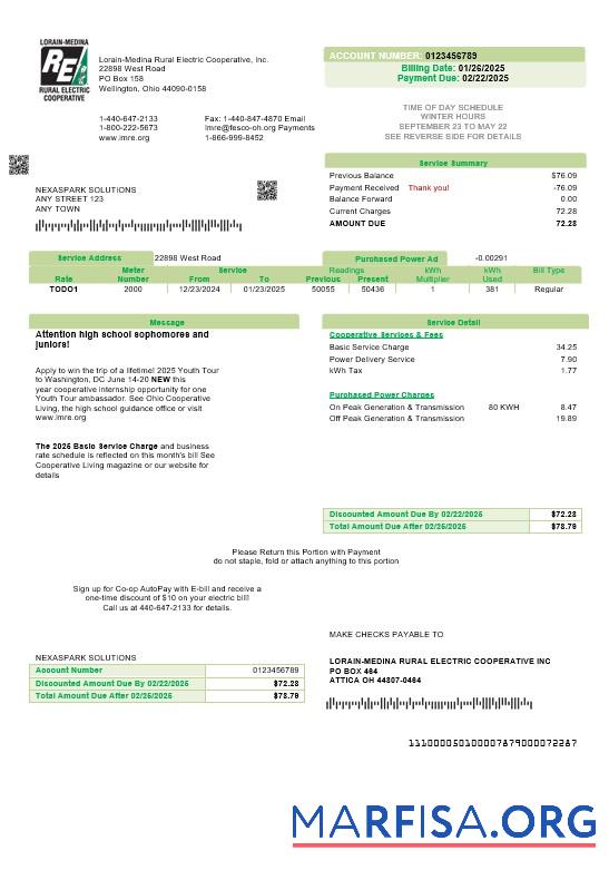 Realistic USA Ohio Lorain Medina Rural Electric business utility bill template in Word and PDF formats
